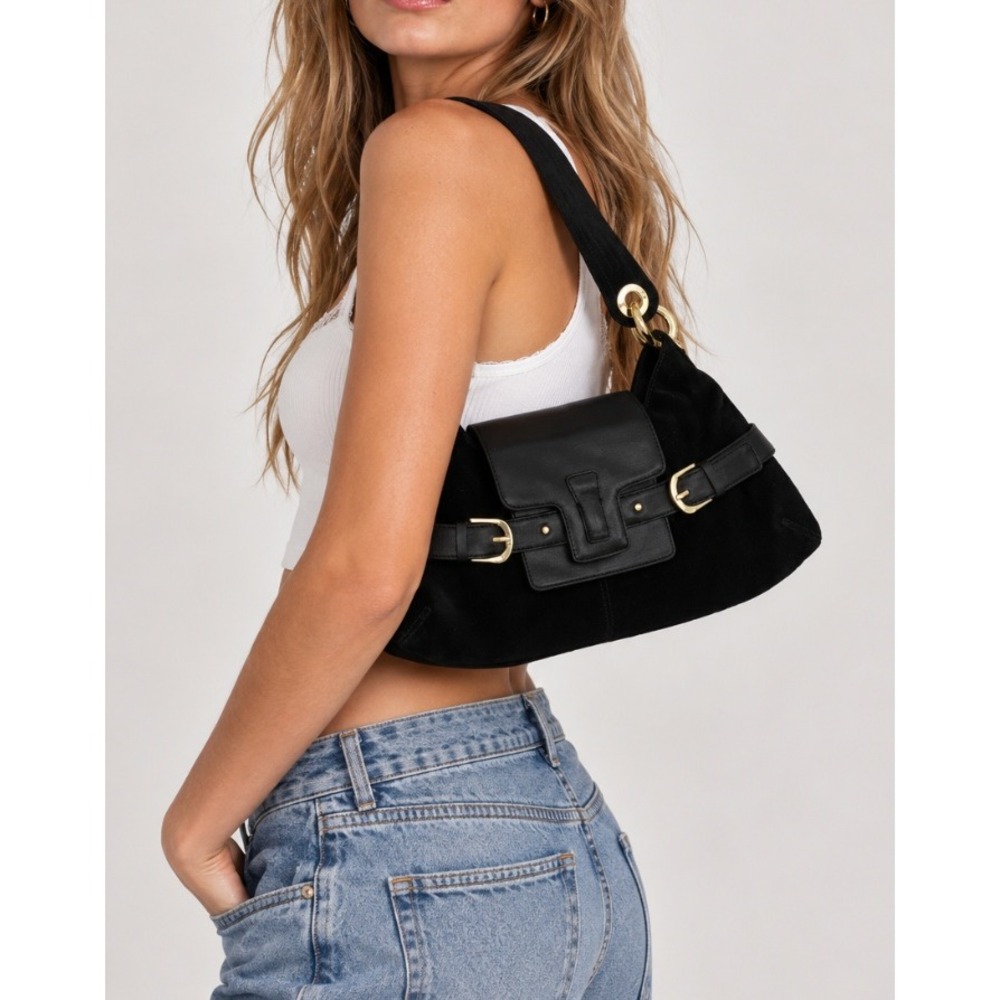 Vtg Banana Republic Black Suede Leather Buckle Shoulder Bag Gold Purse Y2k Mini